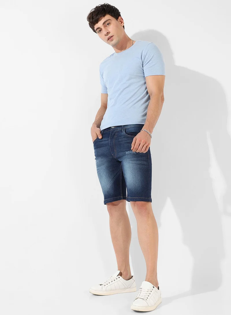 CAHOOT  Men's Classic Dark Blue Dark-Washed Distressed Patterned Denim Shorts | Regular Fit | Premium Stretchable Cotton Mid-Rise Crafted With Comfort Fit and High Performance For Everyday Wear for Men | Best Price UAE